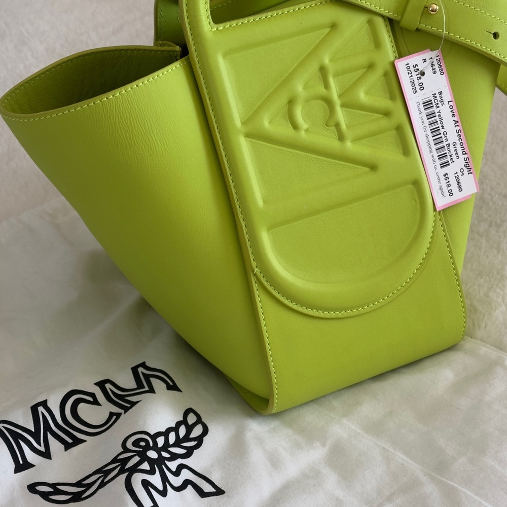 MCM Mini Mode Travia Leather Tote Neon Lime - Picture 3 of 7